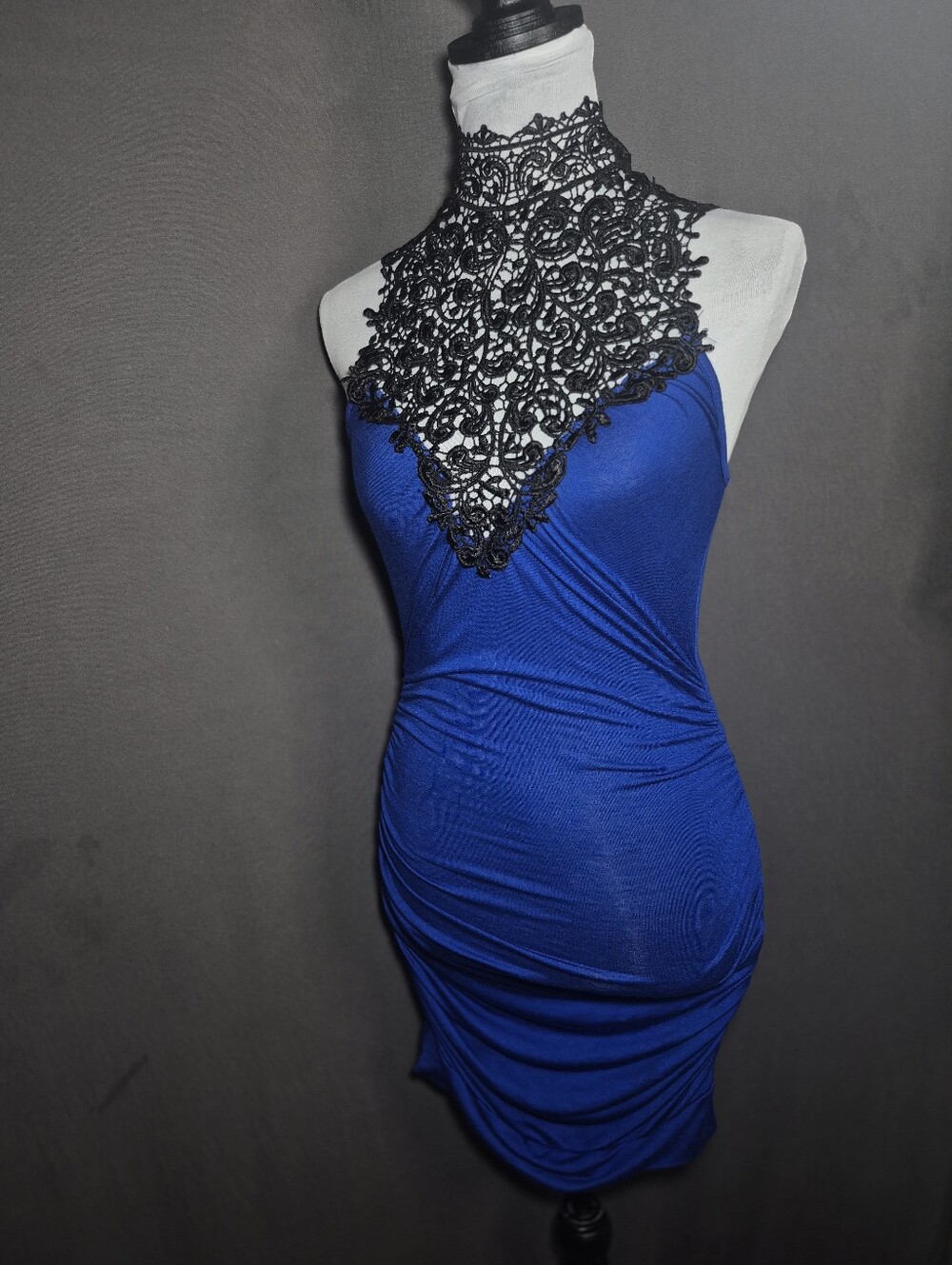 Body Central Cobalt Blue Mini Dress with Black Lace Halter Bib